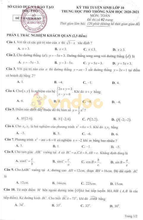 Đề thi minh họa vào lớp 10 môn Toán Sở GD&ĐT Phú Thọ năm học 2020 - 2021