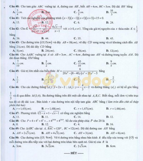Đề thi minh họa vào lớp 10 môn Toán Sở GD&ĐT Yên Bái năm học 2020 - 2021