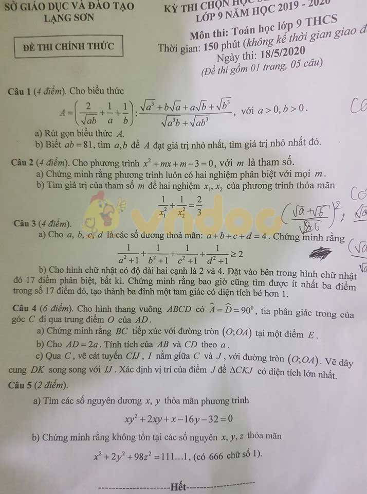 Đề thi chọn học sinh giỏi lớp 9 môn Toán Sở GD&ĐT Lạng Sơn năm học 2019 - 2020