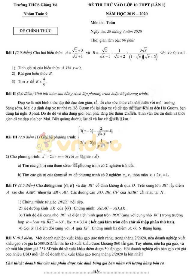 Đề thi thử vào lớp 10 môn Toán trường THCS Giảng Võ năm học 2019 - 2020