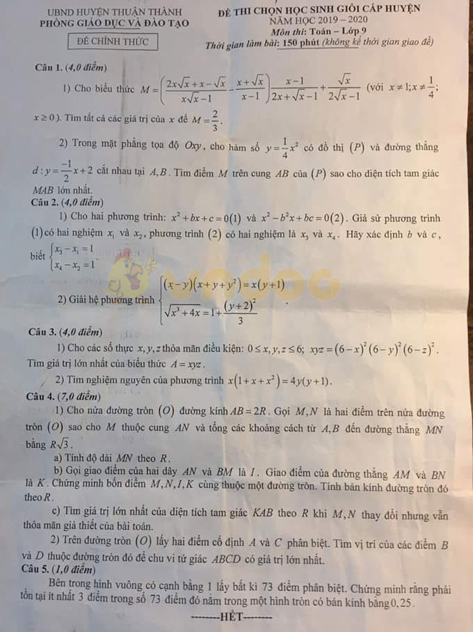 Đề thi chọn học sinh giỏi lớp 9 môn Toán Phòng GD&ĐT huyện Thuận Thành năm học 2019 - 2020