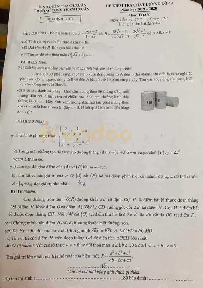 Đề thi KSCL lớp 9 môn Toán Trường THCS Thanh Xuân, quận Thanh Xuân năm học 2019 - 2020