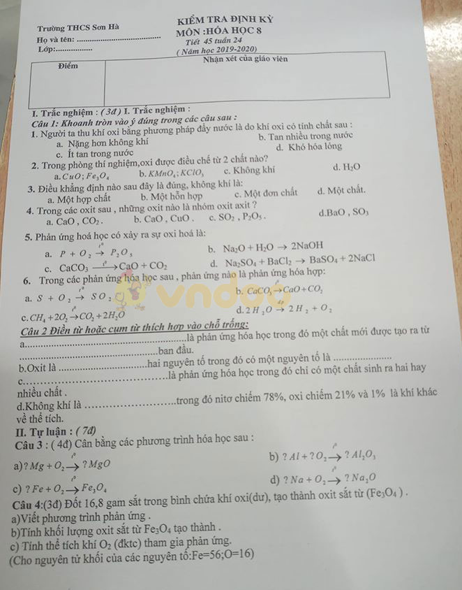 Đề kiểm tra 1 tiết lớp 8 môn Hóa học trường THCS Sơn Hà năm học 2019 - 2020