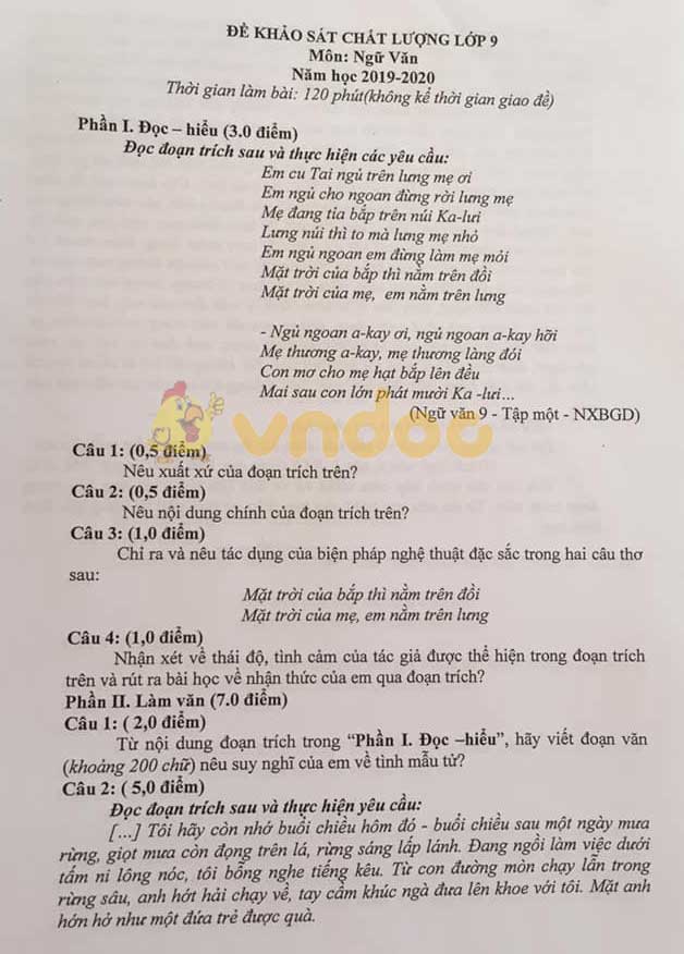 Đề thi KSCL lớp 9 môn Ngữ văn Sở GD&ĐT Hải Phòng năm học 2019 - 2020