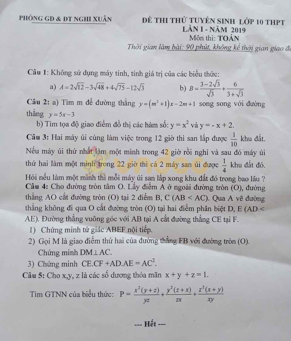 Đề thi thử vào lớp 10 môn Toán Phòng GD&ĐT Nghi Xuân năm học 2019 - 2020 - lần 1