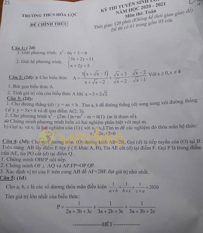 Đề thi thử vào lớp 10 môn Toán Trường THCS Hòa Lộc, Thanh Hóa năm học 2020 - 2021