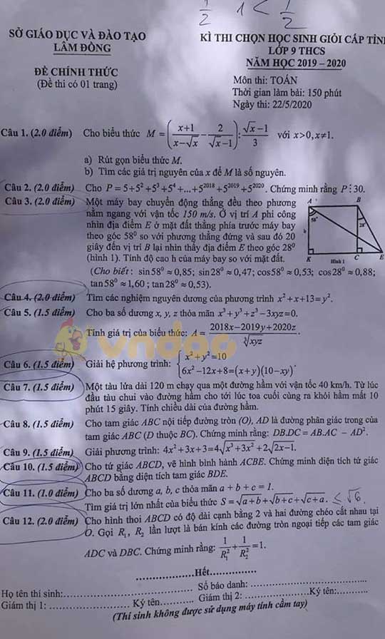 Đề thi chọn học sinh giỏi lớp 9 môn Toán Sở GD&ĐT Lâm Đồng năm học 2019 - 2020