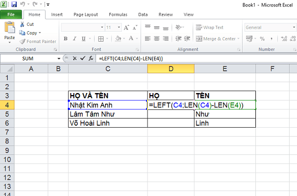 Tách họ và tên trong Excel