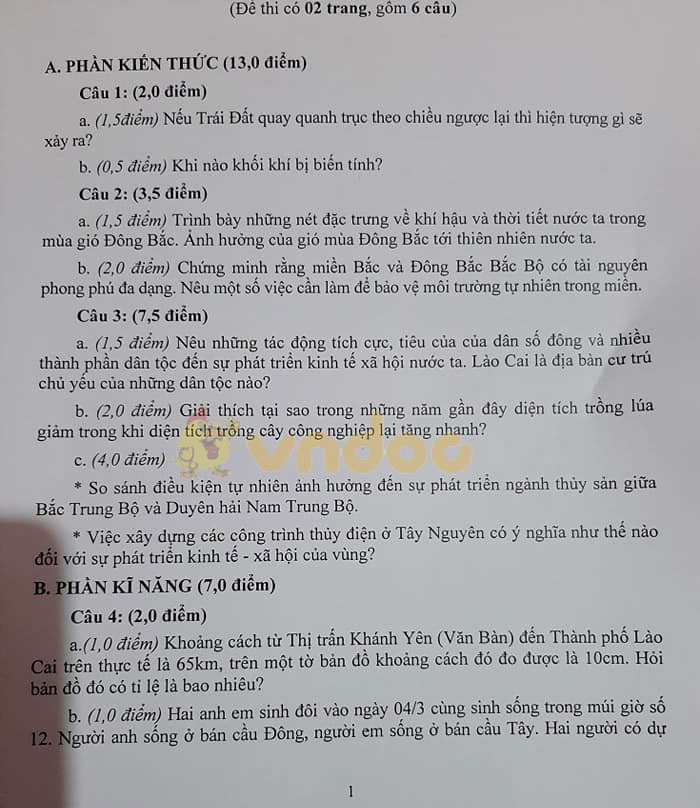 Đề thi học sinh giỏi lớp 9 môn Địa lý Sở GD&ĐT Lào Cai năm học 2019 - 2020