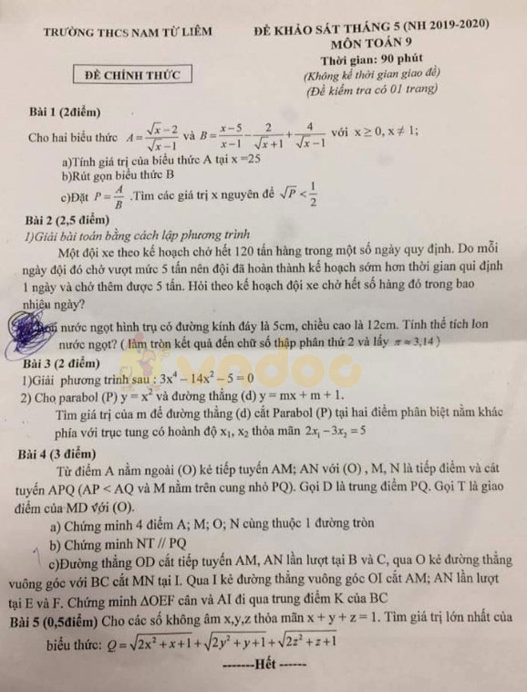Đề thi khảo sát lớp 9 môn Toán Trường THCS Nam Từ Liêm, Hà Nội năm học 2019 - 2020