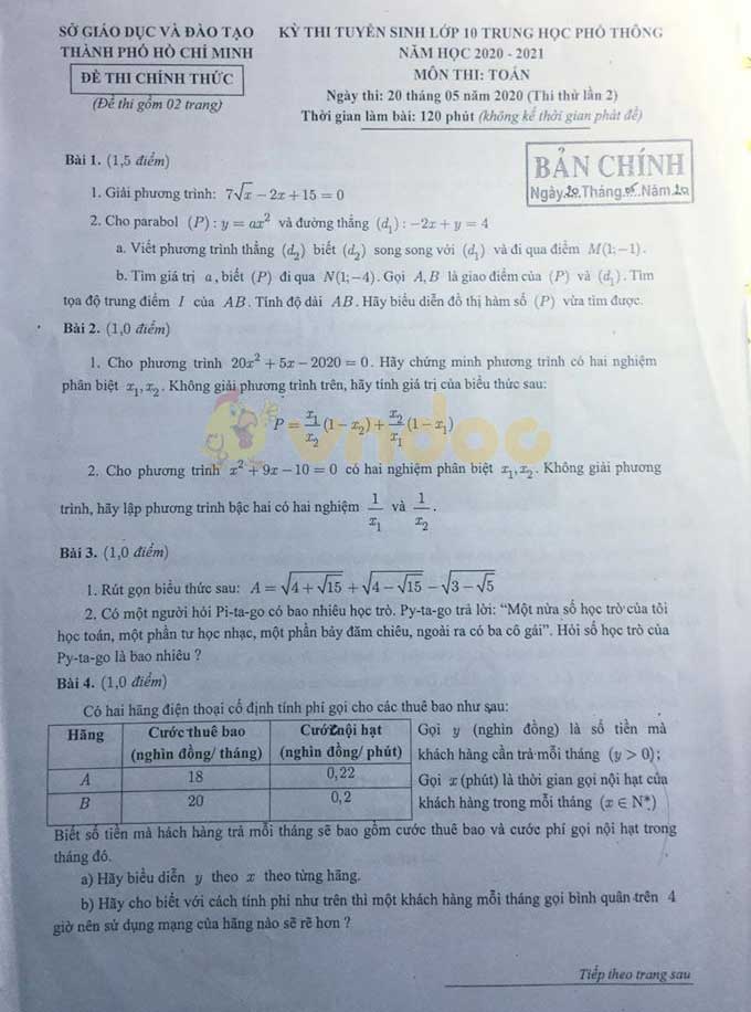 Bộ đề thi thử vào lớp 10 môn Toán năm học 2020 - 2021