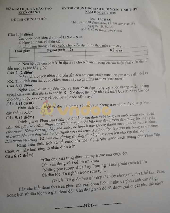 Đề thi chọn học sinh giỏi lớp 9 môn Lịch sử Sở GD&ĐT Kiên Giang năm học 2019 - 2020