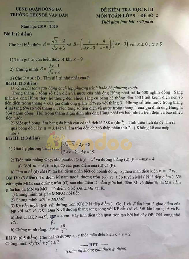Đề thi học kì 2 lớp 9 môn Toán Trường THCS Bế Văn Đàn, Đống Đa năm học 2019 - 2020 (đề số 2)