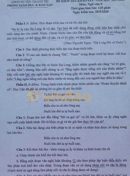 Đề kiểm tra khảo sát lớp 9 môn Ngữ văn Phòng GD&ĐT huyện Thanh Trì năm học 2019 - 2020