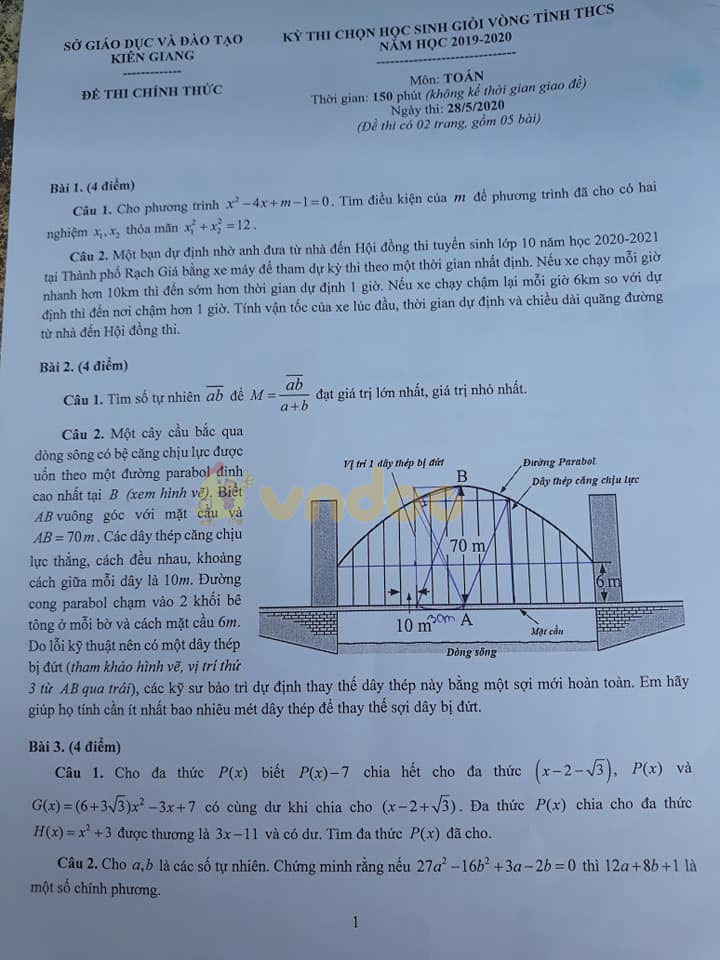 Đề thi chọn học sinh giỏi lớp 9 môn Toán Sở GD&ĐT Kiên Giang năm học 2019 - 2020
