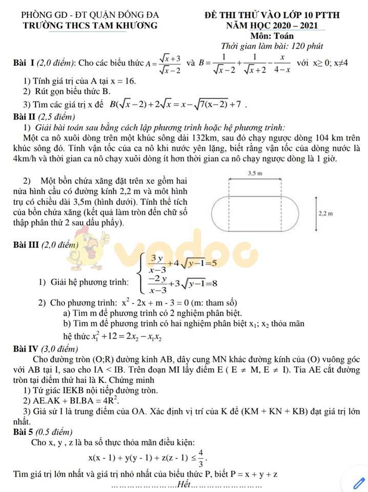 Đề thi thử vào lớp 10 môn Toán Trường THCS Tam Khương, Đống Đa năm học 2020 - 2021