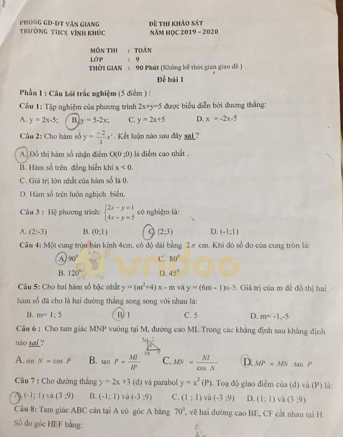 Đề thi khảo sát lớp 9 môn Toán Trường THCS Vĩnh Phúc, Văn Giang năm học 2019 - 2020