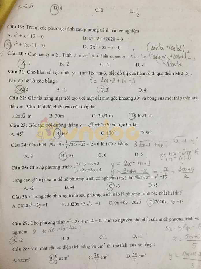 Đề thi khảo sát lớp 9 môn Toán Trường THCS Vĩnh Phúc, Văn Giang năm học 2019 - 2020