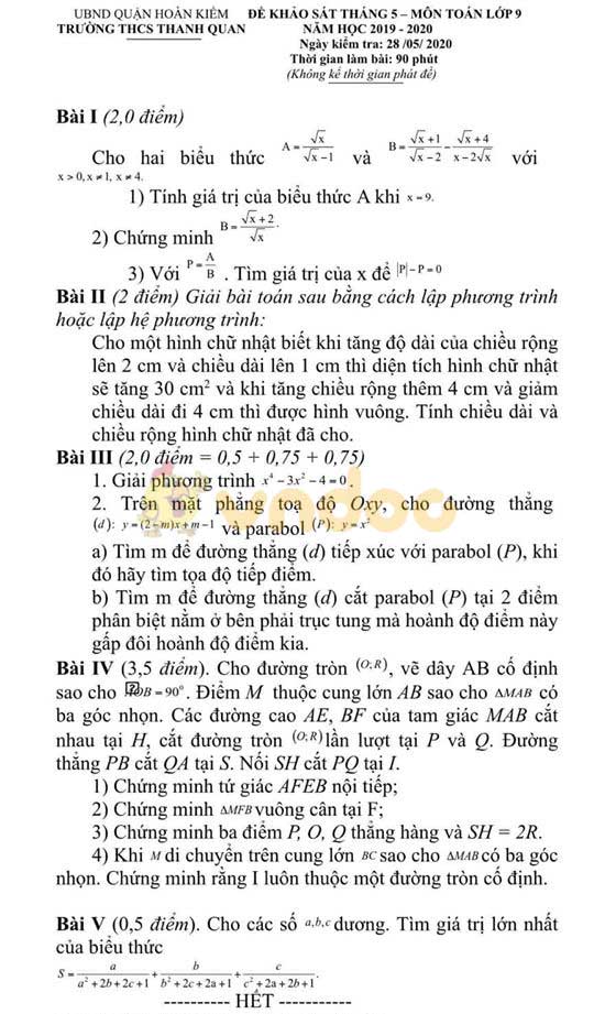 Đề thi KSCL lớp 9 môn Toán Trường THCS Thanh Quan, Hoàn Kiếm năm học 2019 - 2020