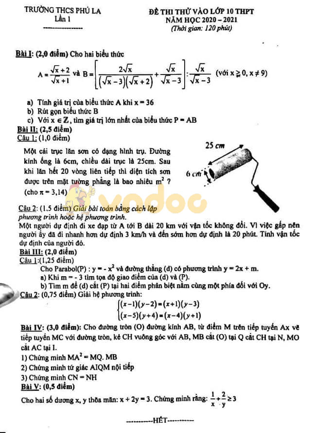 Đề thi thử vào lớp 10 môn Toán Trường THCS Phú La, Hà Nội năm học 2020 - 2021