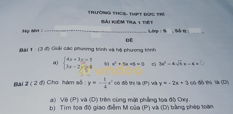 Đề kiểm tra 1 tiết học kì 2 lớp 9 môn Toán Trường THCS & THPT Đức Trí năm học 2019 - 2020