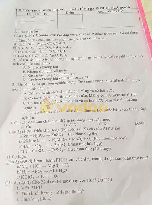 Đề kiểm tra 1 tiết lớp 8 môn Hóa học trường THCS Dũng Phong năm học 2019 - 2020