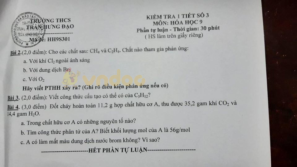 Đề kiểm tra 1 tiết lớp 9 môn Hóa học trường THCS Trần Hưng Đạo năm học 2019 - 2020