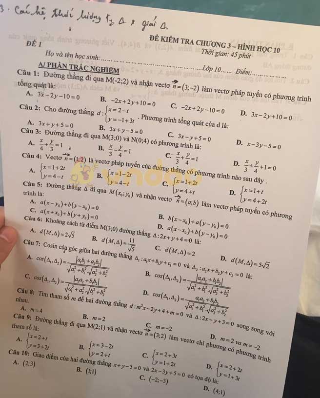 Đề kiểm tra 15 phút chương 3 Hình học lớp 10 năm học 2019 - 2020