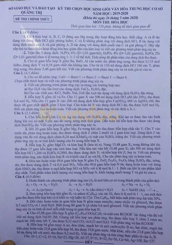 Đề thi chọn học sinh giỏi lớp 9 môn Hóa học Sở GD&ĐT Quảng Trị năm học 2019 - 2020