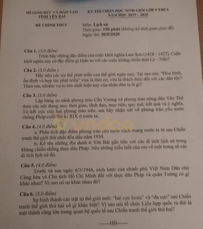 Đề thi chọn học sinh giỏi lớp 9 môn Lịch sử Sở GD&ĐT Yên Bái năm học 2019 - 2020