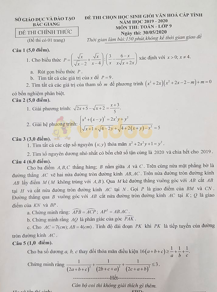 Đề thi chọn học sinh giỏi lớp 9 môn Toán Sở GD&ĐT Bắc Giang năm học 2019 - 2020