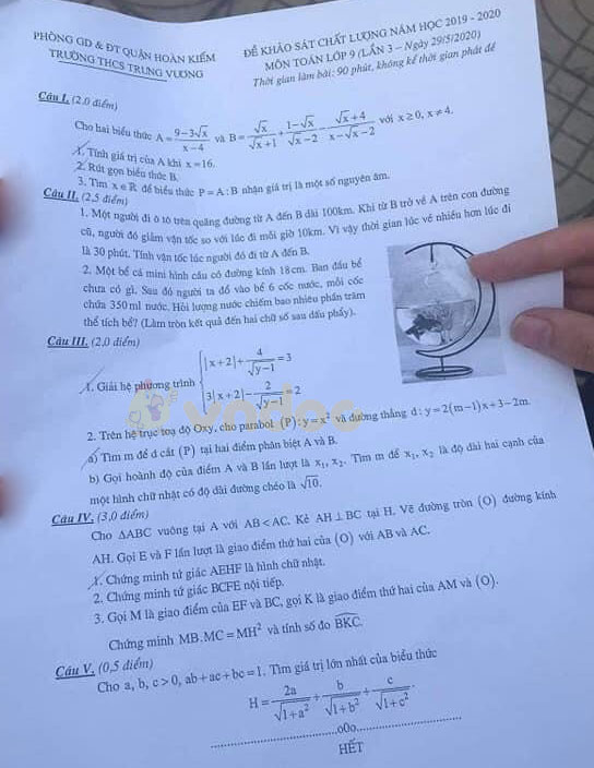 Đề thi khảo sát chất lượng lớp 9 môn Toán trường THCS Trưng Vương, Hoàn Kiếm năm học 2019 - 2020 - Lần 3