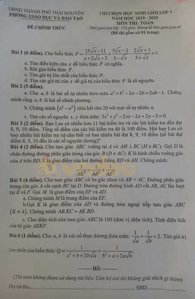 Đề thi chọn học sinh giỏi lớp 9 môn Toán Phòng GD&ĐT Thái Nguên năm học 2019 - 2020