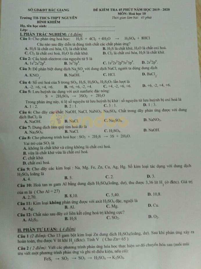 Đề kiểm tra 1 tiết lớp 10 môn Hóa học trường TH-THCS-THPT Nguyễn Bỉnh Khiêm năm học 2019 - 2020