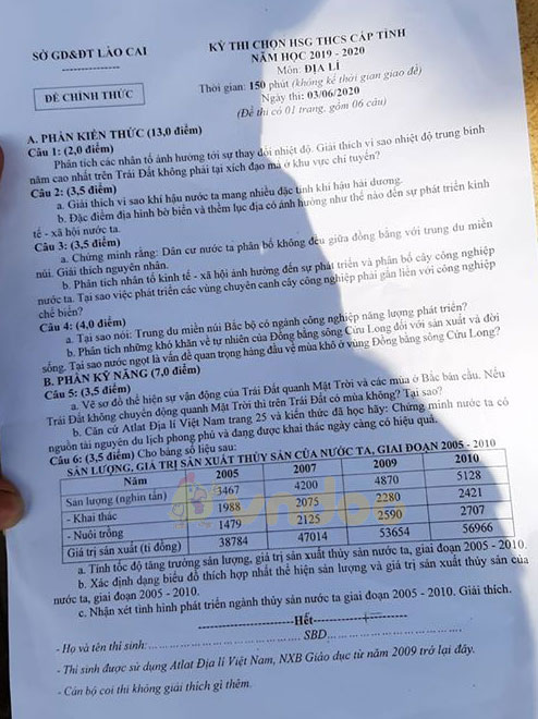 Đề thi học sinh giỏi cấp tỉnh lớp 9 môn Địa lý Sở GD&ĐT Lào Cai năm học 2019 - 2020
