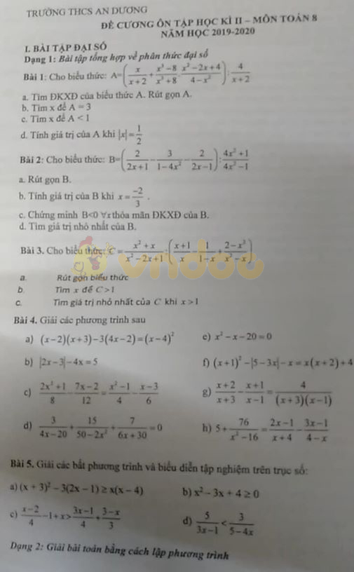 Đề cương ôn tập học kì 2 lớp 8 môn Toán trường THCS An Dương năm học 2019 - 2020