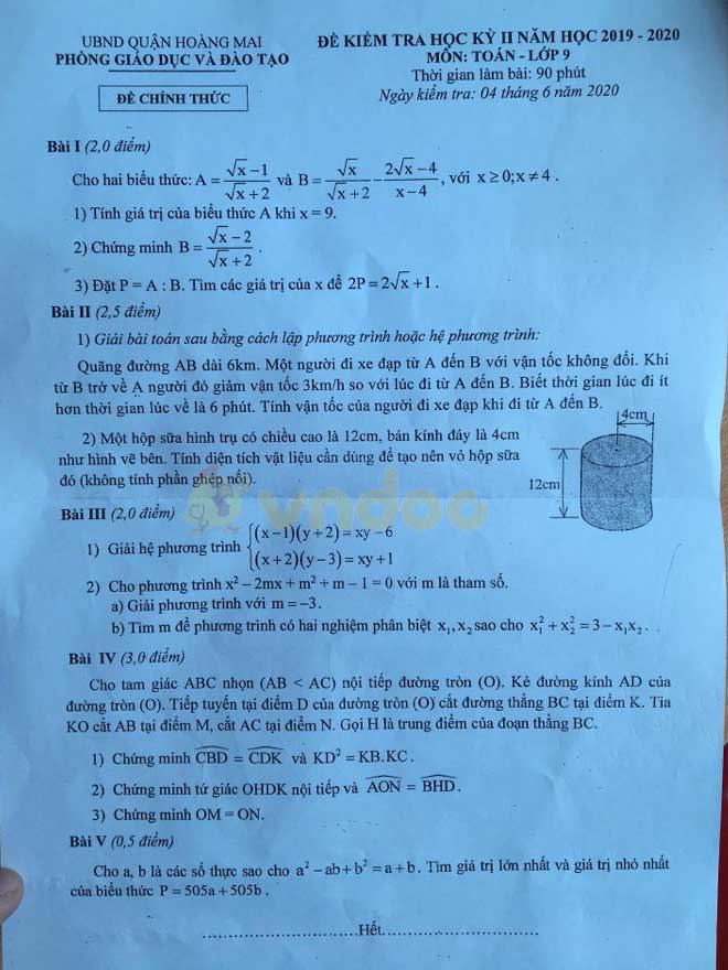 Đề thi học kì 2 lớp 9 môn Toán Phòng GD&ĐT quận Hoàng Mai năm học 2019 - 2020
