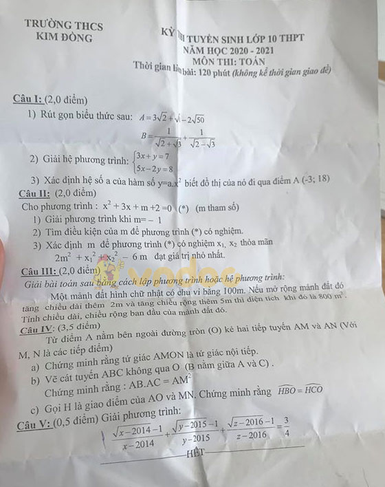 Đề thi thử vào lớp 10 môn Toán Trường THCS Kim Đồng năm học 2020 - 2021