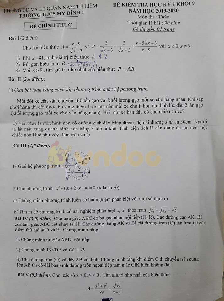 Đề thi học kì 2 lớp 9 môn Toán Trường THCS Mỹ Định 1, Nam Từ Liêm năm học 2019 - 2020
