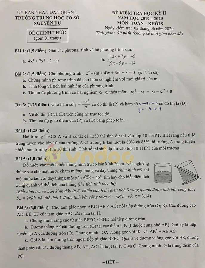 Đề thi học kì 2 lớp 9 môn Toán Trường THCS Nguyễn Du, Quận 1 năm học 2019 - 2020