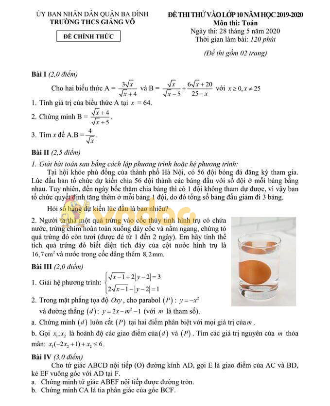 Đề thi thử vào lớp 10 môn Toán Trường THCS Giảng Võ, Ba Đình năm học 2020 - 2021