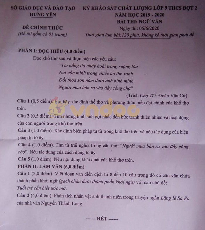 Đề thi KSCL lớp 9 môn Ngữ văn Sở GD&ĐT Hưng Yên năm học 2019 - 2020 (lần 2)