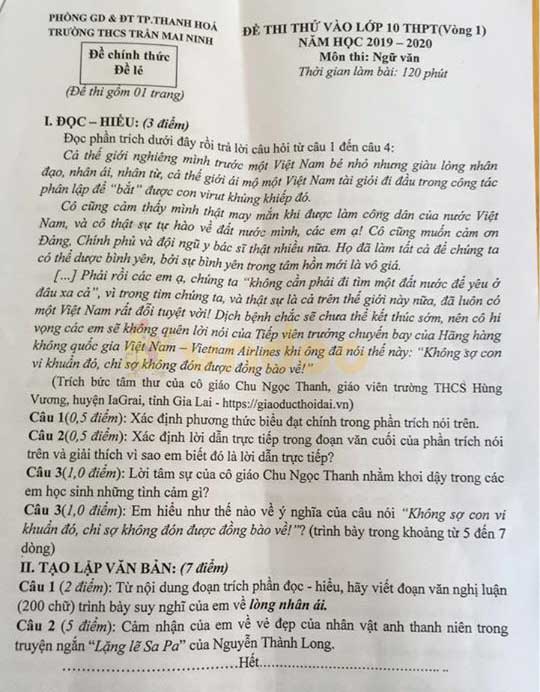 Đề thi thử vào lớp 10 môn Ngữ văn Trường THCS Trần Mai Ninh, Thanh Hóa năm học 2020 - 2021 (vòng 1)