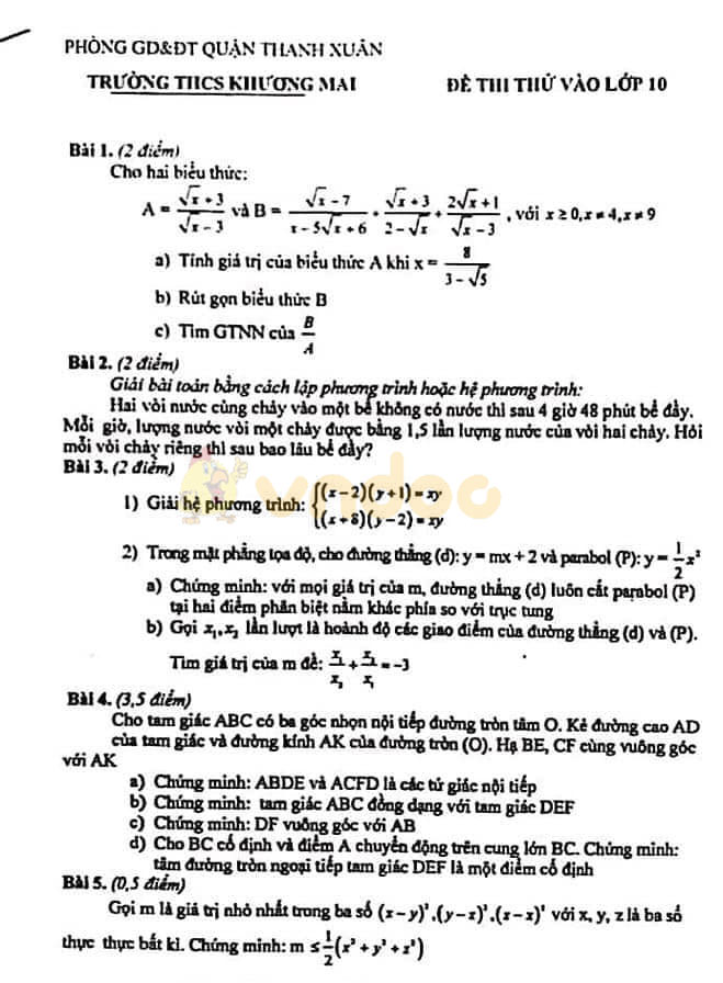 Đề thi thử vào lớp 10 môn Toán Trường THCS Khương Mai, Thanh Xuân năm học 2020 - 2021