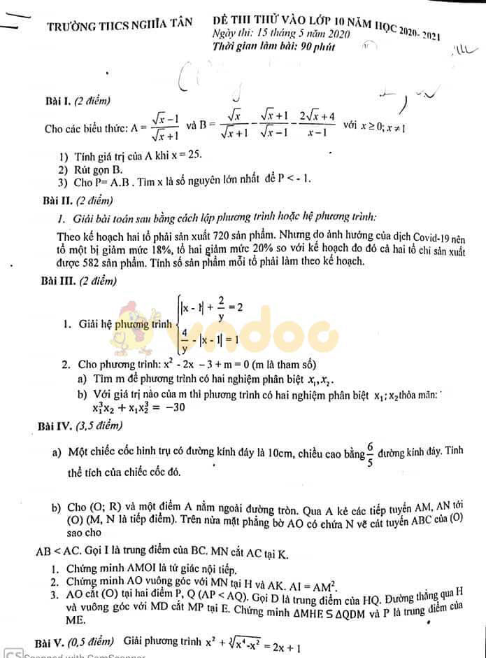 Đề thi thử vào lớp 10 môn Toán Trường THCS Nghĩa Tân, Cầu Giấy năm học 2020 - 2021