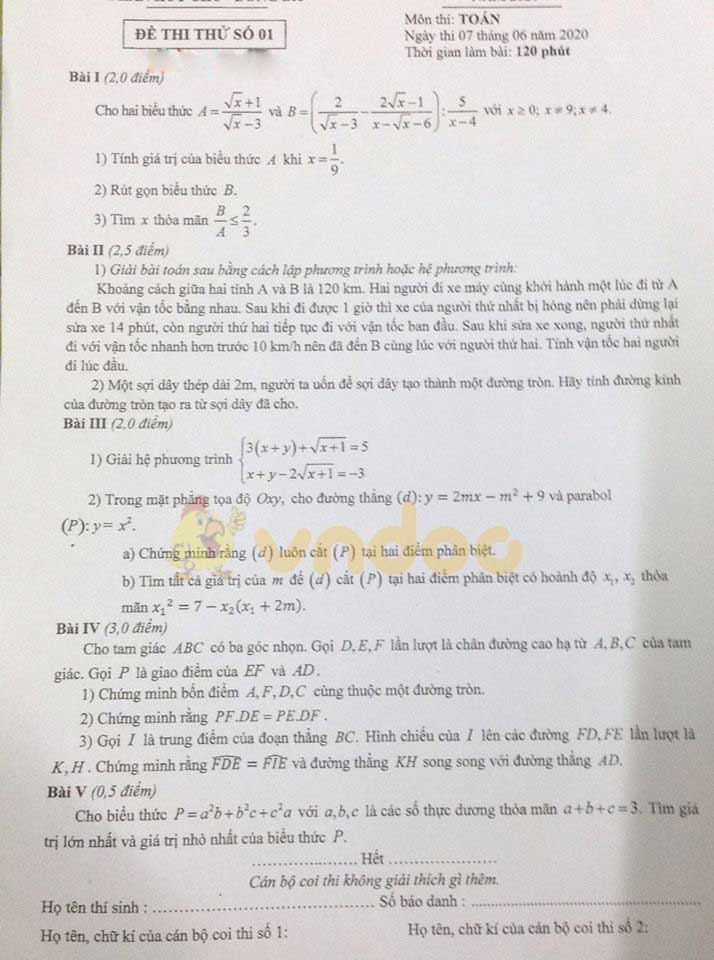 Đề thi thử vào lớp 10 môn Toán Trường THPT Phan Huy Chú, Đống Đa năm học 2020 - 2021