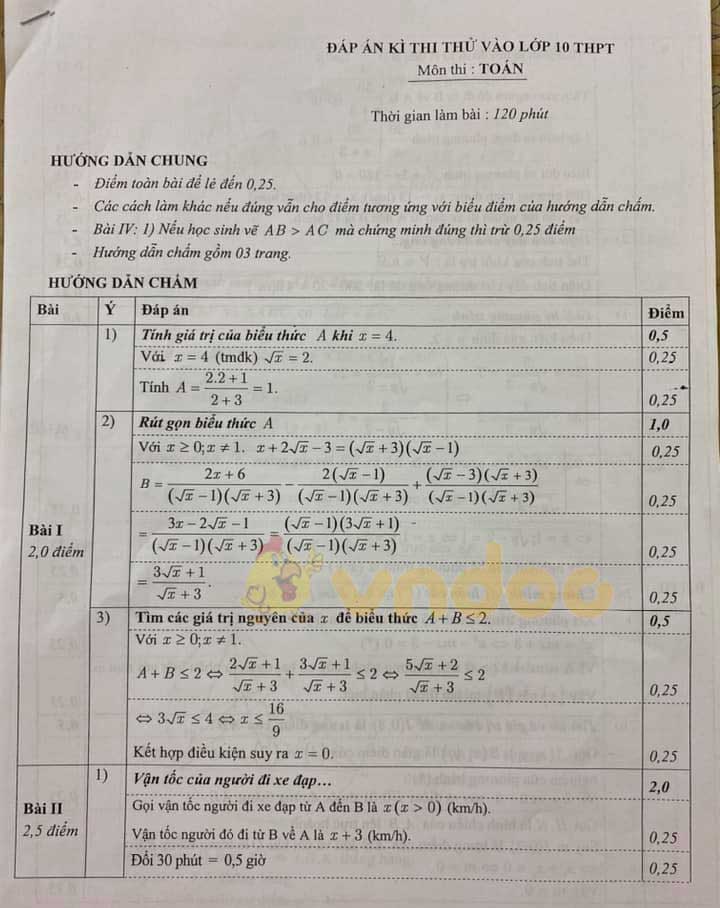 Đề thi thử vào lớp 10 môn Toán Trường THPT Trần Nhân Tông, Hai Bà Trưng năm học 2020 - 2021