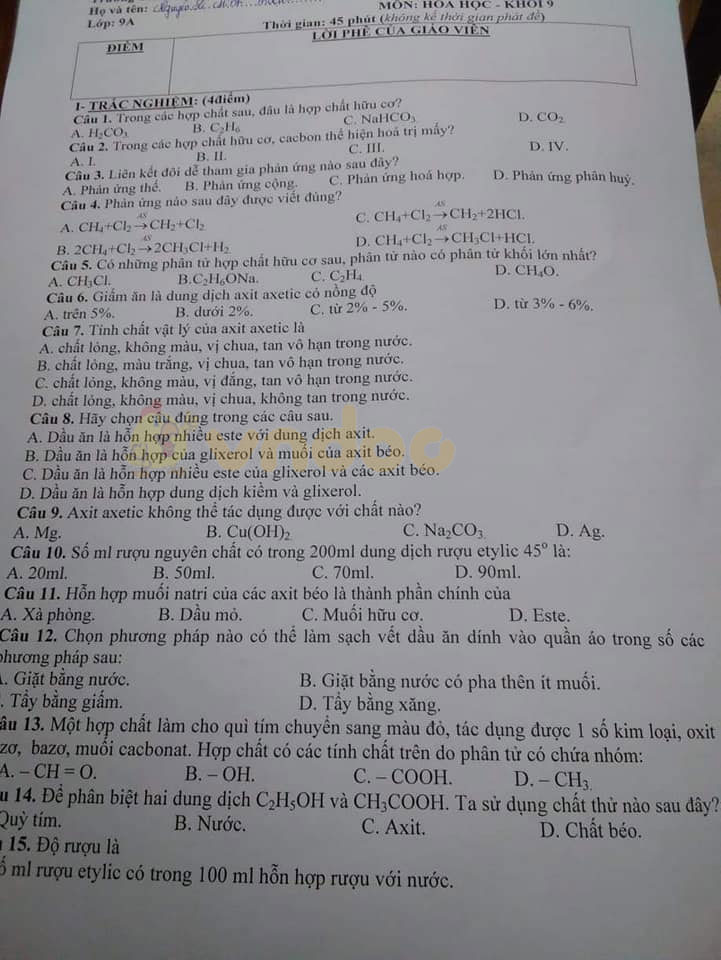 Đề kiểm tra 1 tiết Hóa 9 học kì 2 Trường THPT Phan Chu Trinh, Phú Yên năm học 2019 - 2020