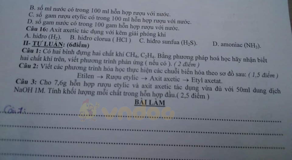 Đề kiểm tra 1 tiết Hóa 9 học kì 2 Trường THPT Phan Chu Trinh, Phú Yên năm học 2019 - 2020