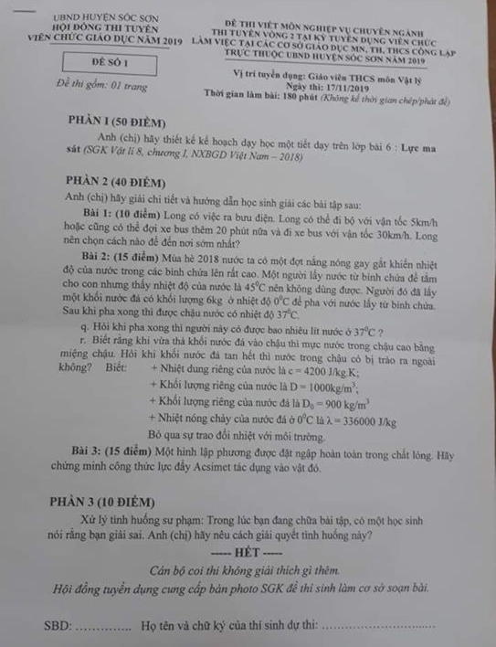 Đề thi giáo viên THCS môn vật lý